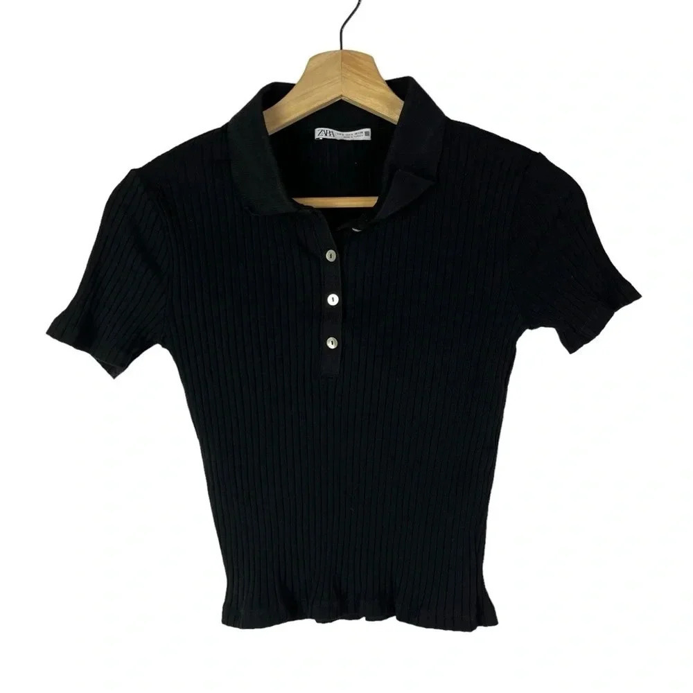 Zara Black Ribbed Fitted Cropped Short Sleeve Polo S